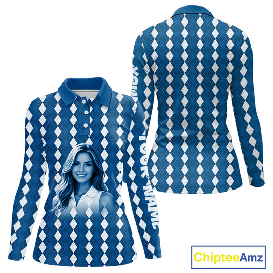 Womens Golf Polo Shirt Custom Photo Face Blue Argyle Plaid Pattern, Mother's Day Golfing Gifts NHT742