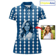 Load image into Gallery viewer, Womens Golf Polo Shirt Custom Photo Face Blue Argyle Plaid Pattern, Mother's Day Golfing Gifts NHT742