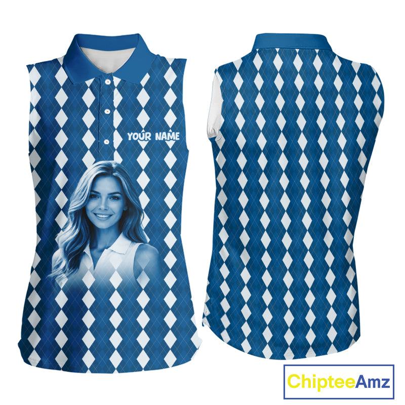 Sleeveless Womens Golf Polo Shirt Custom Photo Face Blue Argyle Plaid Pattern, Mother's Day Golfing Gifts NHT742