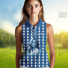 Load image into Gallery viewer, Sleeveless Womens Golf Polo Shirt Custom Photo Face Blue Argyle Plaid Pattern, Mother's Day Golfing Gifts NHT742