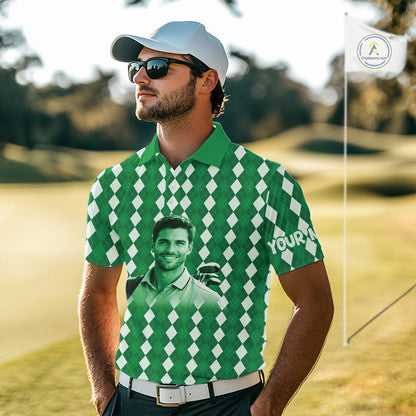 Mens Golf Polo Shirt Custom Photo Face Green Argyle Plaid Pattern, Father's Day Golfing Gifts NHT743