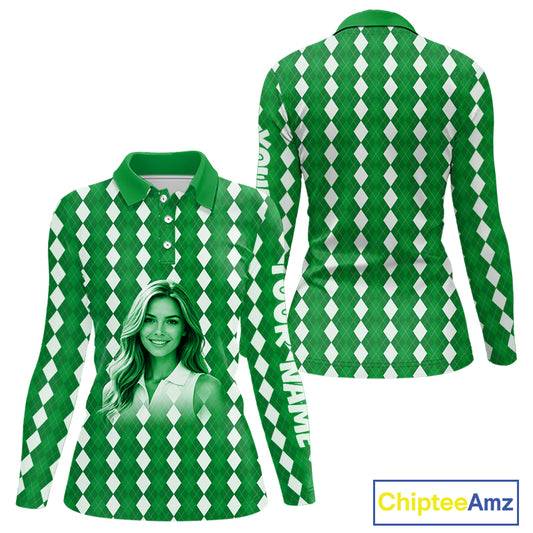 Womens Golf Polo Shirt Custom Photo Face Green Argyle Plaid Pattern, Mother's Day Golfing Gifts NHT743