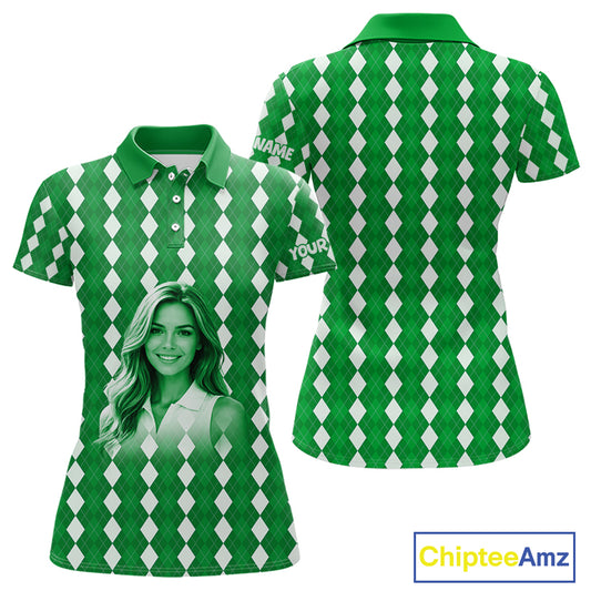 Womens Golf Polo Shirt Custom Photo Face Green Argyle Plaid Pattern, Mother's Day Golfing Gifts NHT743