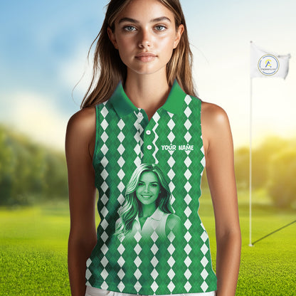Sleeveless Womens Golf Polo Shirt Custom Photo Face Green Argyle Plaid Pattern, Mother's Day Golfing Gifts NHT743