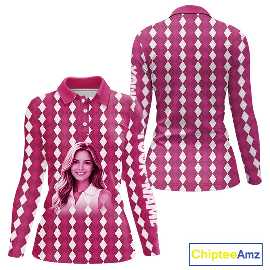 Womens Golf Polo Shirt Custom Photo Face Pink Argyle Plaid Pattern, Mother's Day Golfing Gifts NHT744
