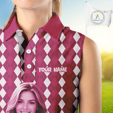 Load image into Gallery viewer, Sleeveless Womens Golf Polo Shirt Custom Photo Face Pink Argyle Plaid Pattern, Mother's Day Golfing Gifts NHT744