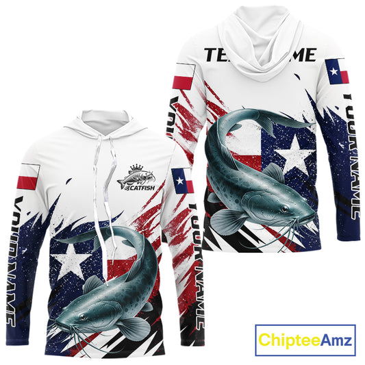 Custom Texas Flag Catfish Fishing Shirts, Texas Catfish Fishing Shirts Long Sleeve Hooded For Team NHT912