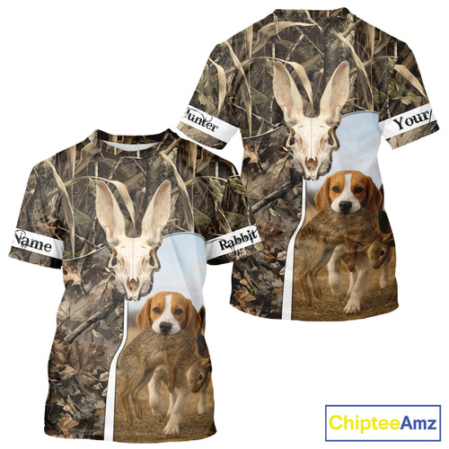 Rabbit Hunting With Beagle 3D Skull Camo Custom Hunting Shirt, Rabbit Hunting Clothing NHT229