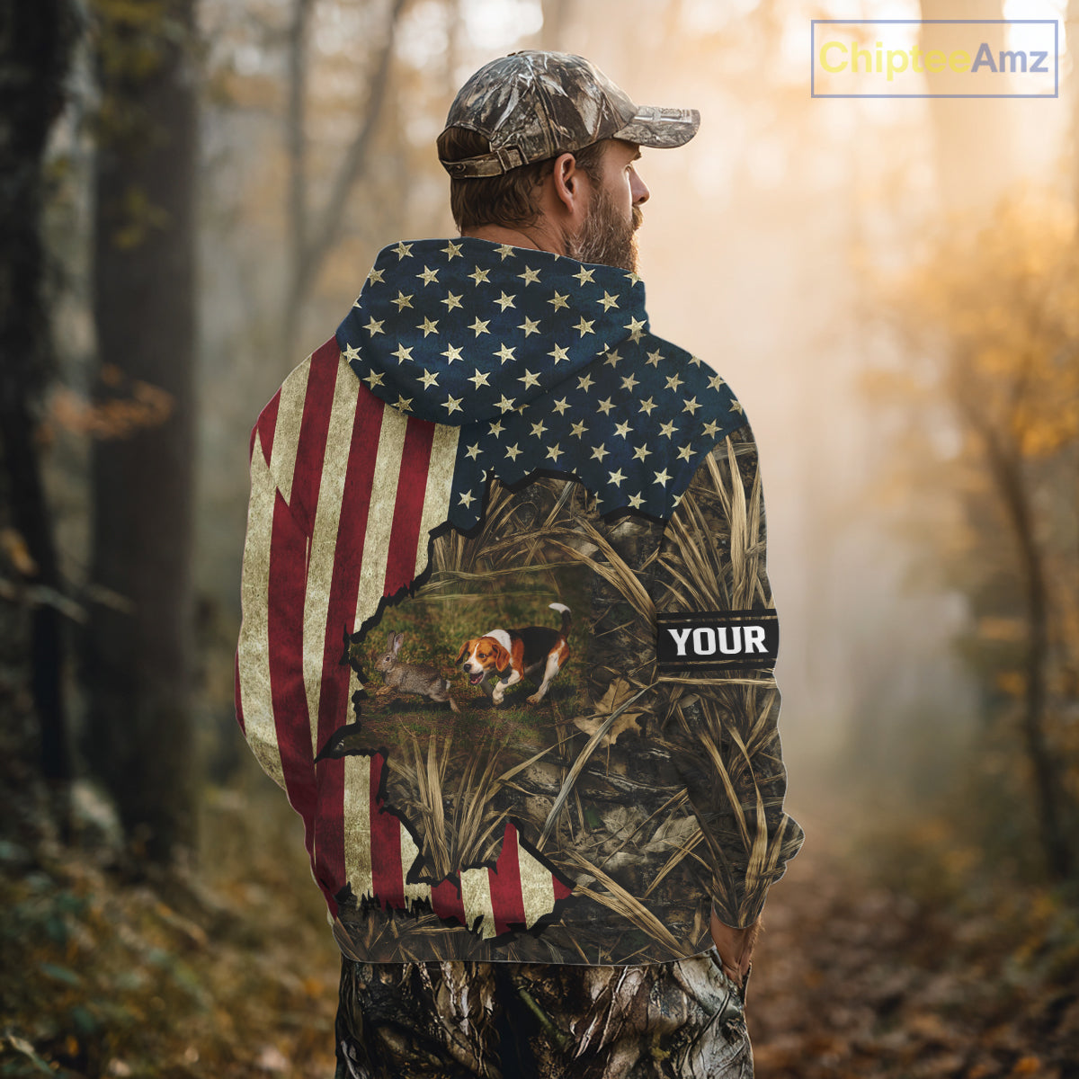 Beagle Dog Chasing Rabbit 3D American Flag Camo Custom Name Shirt, Rabbit Hunting Clothing NHT230