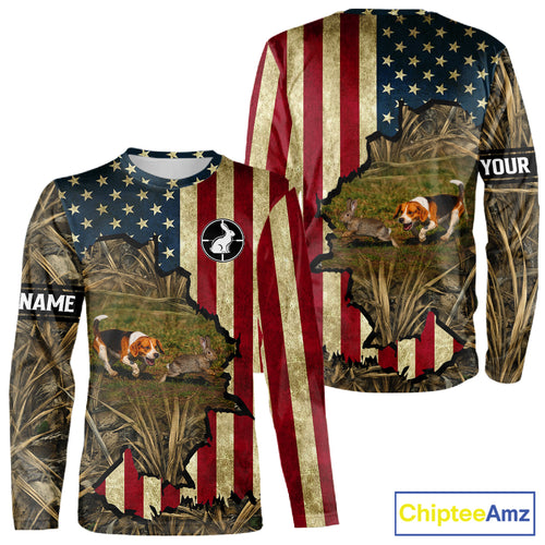 Beagle Dog Chasing Rabbit 3D American Flag Camo Custom Name Shirt, Rabbit Hunting Clothing NHT230