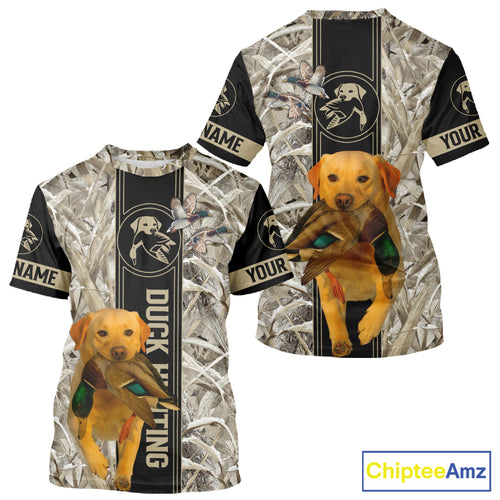 Yellow Lab Mallard Duck Hunting Winter Camo 3D Shirt, Custom Name Waterfowl Hunting Clothes NHT232