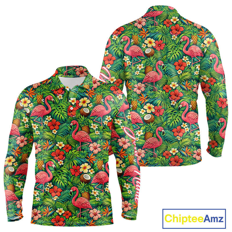 Men's Golf Polo Shirt Colorful Floral Flamingo Pattern Tropical Leaves Custom Name NHT538