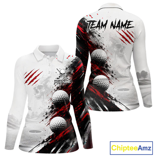 Front and back views of a long-sleeve custom golf shirt on a white background. The shirt features a white base with a black and red paint-splatter graphic, realistic golf ball illustrations, skull motifs, and customizable text areas on the chest and back.