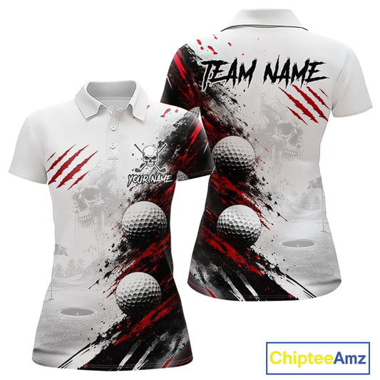 White short-sleeve polo shirt shown from front and back with a golf-themed all-over print featuring black and red brushstroke graphics, golf balls, skull motifs, and customizable text areas reading TEAM NAME and PERSONALIZE.