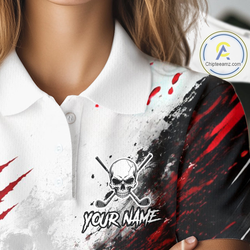 Personalized Skull Womens Golf Shirt Custom Name Family Team Outfits Cool Scratch Splatter Black Golf Polo NHT1239