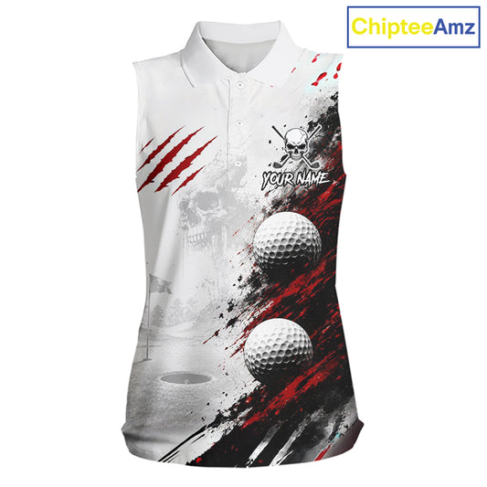 A sleeveless white polo shirt with a custom golf-themed graphic print featuring red claw marks, black and red paint splatters, two white golf balls, a skull with crossed bats, and the text 'YOUR NAME'. The shirt is displayed on a white background with a 'ChipteeAmz' logo in the top right corner.