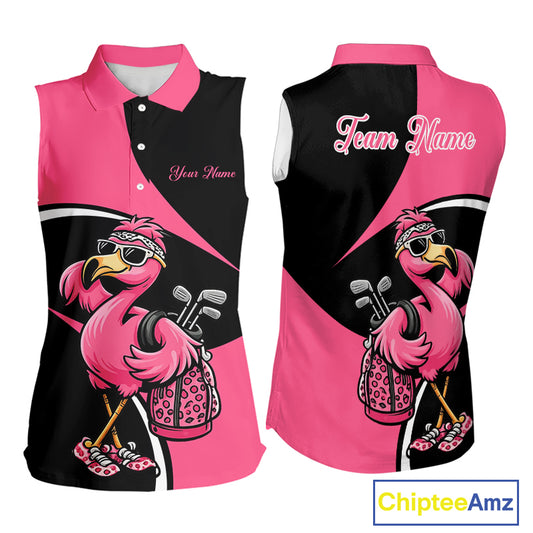 Funny Pink Flamingo Golf Sleeveless Polo Shirt For Womens, Custom Flamingo Golf Shirt For Team NHT543