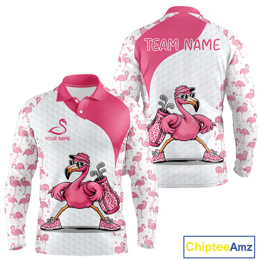 Funny Pink Flamingo Mens Golf Polo Shirt Custom Pink And White Golf Shirt For Team NHT545