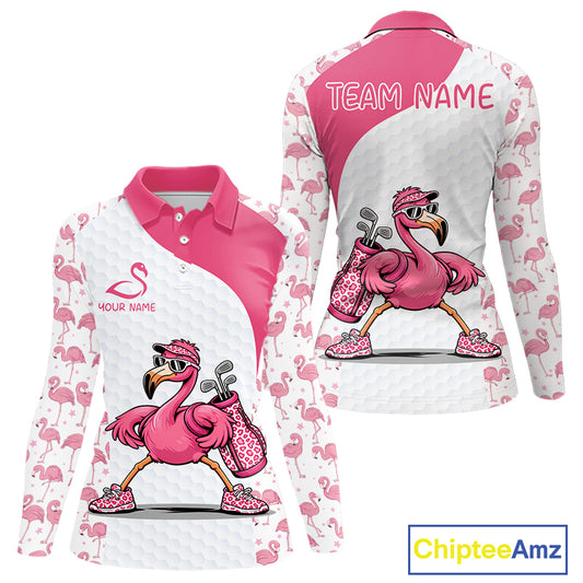 Funny Pink Flamingo Womens Golf Polo Shirt Custom Pink And White Golf Shirt For Team NHT545