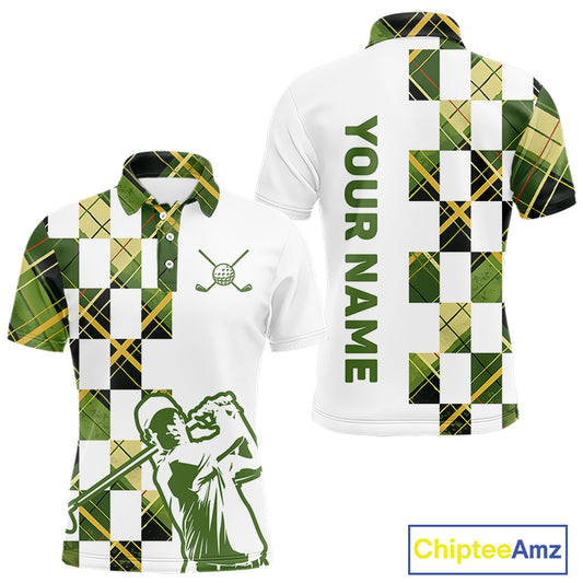 Personalized Green Tartan Plaid Mens Golf Polo Shirt, Custom Name Golf Shirt For Team NHT553
