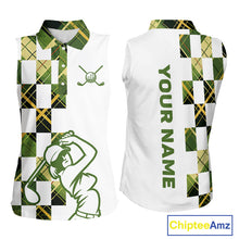 Load image into Gallery viewer, Personalized Green Tartan Plaid Womens Sleeveless Golf Polo Shirt, Custom Name Golf Shirt For Team  NHT553