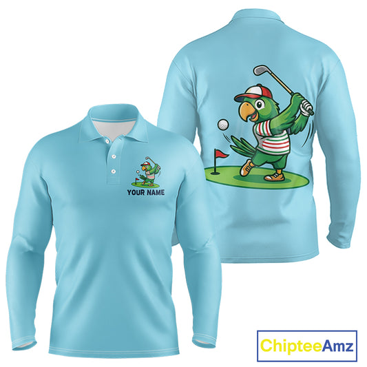 Personalized Mens Golf Polo Shirt Custom Name Funny Green Parrot Design|Blue 