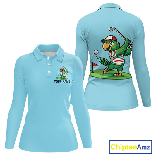 Personalized Womens Golf Polo Shirt Custom Name Funny Green Parrot Design|Blue 
