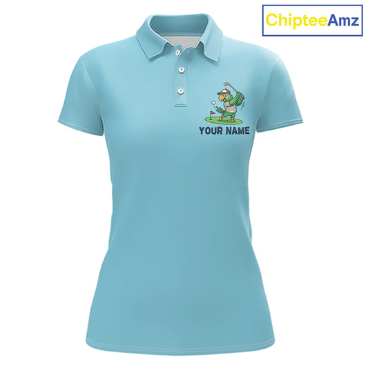 Personalized Womens Golf Polo Shirt Custom Name Funny Green Parrot Design|Blue 