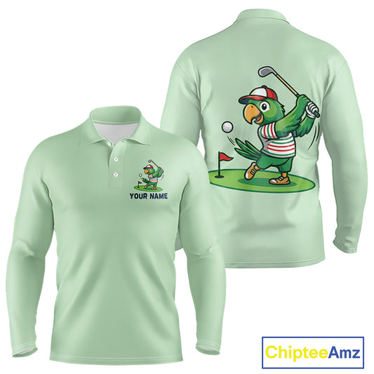 Personalized Mens Golf Polo Shirt Custom Name Funny Green Parrot Design|Green 