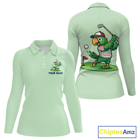 Personalized Womens Golf Polo Shirt Custom Name Funny Green Parrot Design|Green 