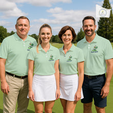 Load image into Gallery viewer, Four people in matching light green polos with a logo on a golf course.