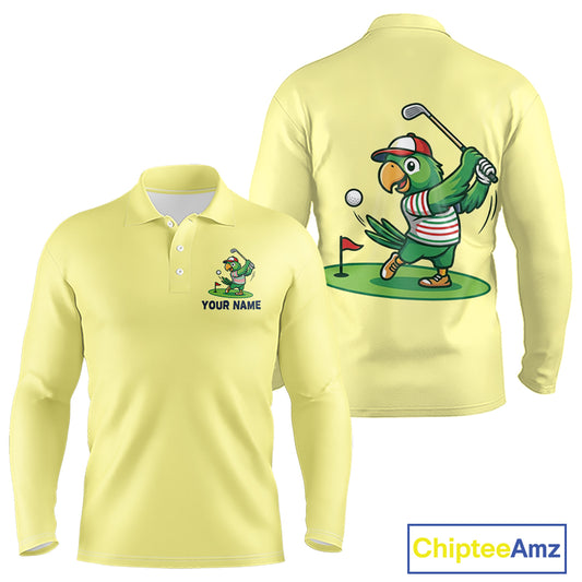 Personalized Mens Golf Polo Shirt Custom Name Funny Green Parrot Design|Yellow 