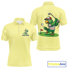 Load image into Gallery viewer, Personalized Mens Golf Polo Shirt Custom Name Funny Green Parrot Design|Yellow 