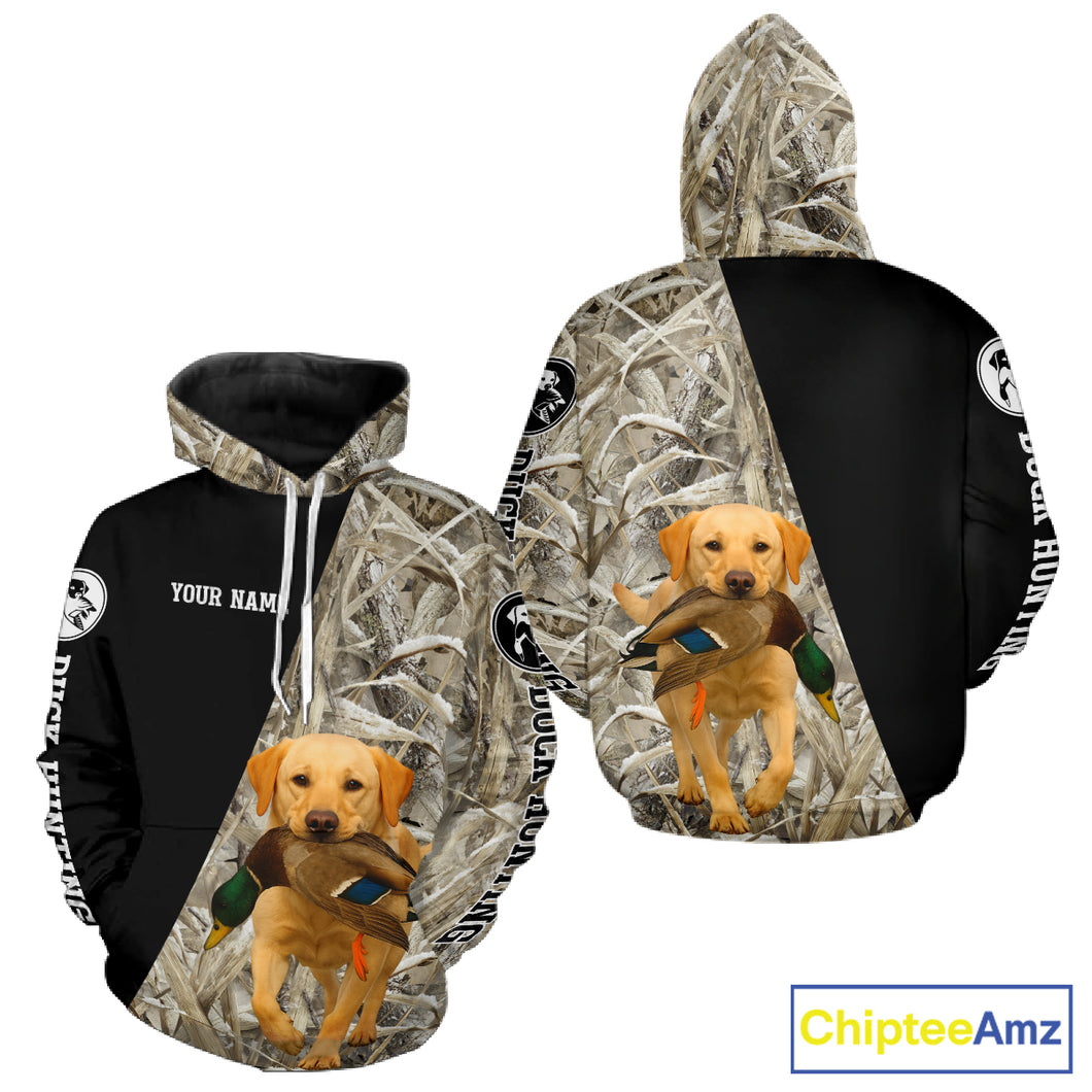 Yellow Lab Duck Hunting Shirt, Custom Name 3D Black Camo Winter Waterfowl Hunting Gear NHT233