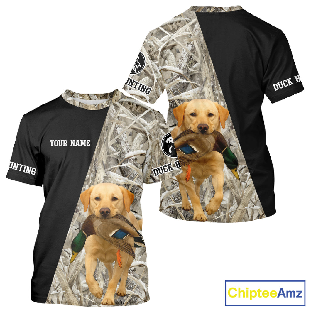 Yellow Lab Duck Hunting Shirt, Custom Name 3D Black Camo Winter Waterfowl Hunting Gear NHT233
