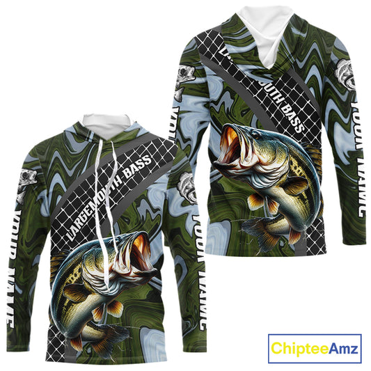 Largemouth Bass Hooded Fishing Shirt Long Sleeve Abstract Green Camo Performance Jersey For Men NHT922