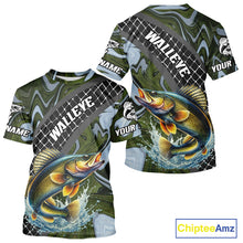 Load image into Gallery viewer, Walleye Short Sleeve Fishing T-Shirt Abstract Green Camo Performance Jersey For Men NHT923