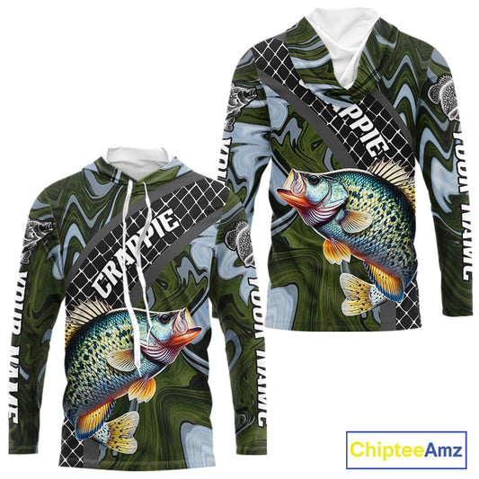 Crappie Hooded Fishing Shirt Long Sleeve Abstract Green Camo Performance Jersey For Men NHT924