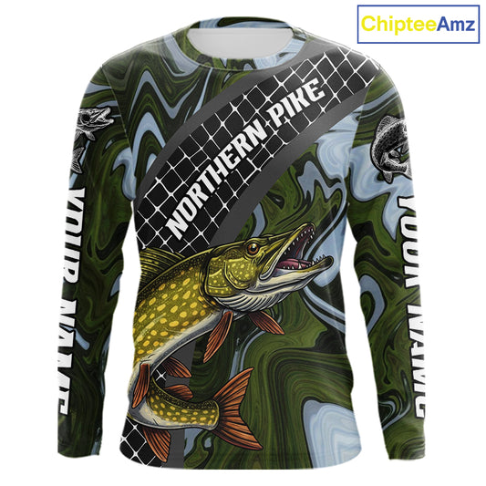Northern Pike Fishing Shirts Long Sleeve Abstract Green Camo Performance Jersey For Men NHT925