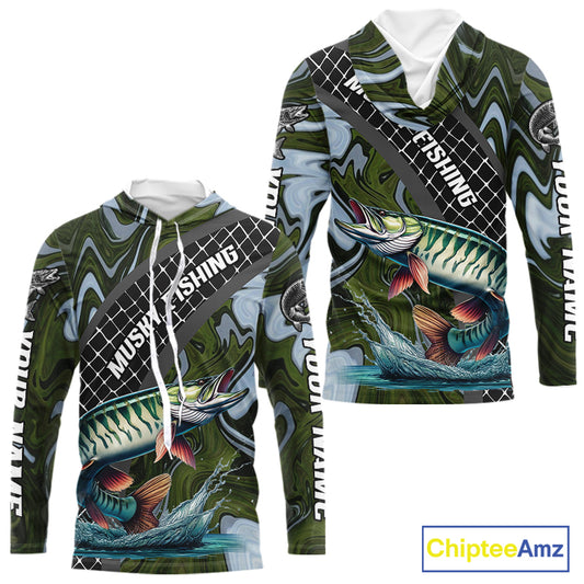 Northern Musky Hooded Fishing Shirt Long Sleeve Abstract Green Camo Performance Jersey For Men NHT926