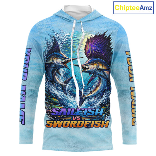 Personalized Sailfish Vs Swordfish Fishing Saltwater Long Sleeve Fishing Shirts NHT419