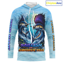 Load image into Gallery viewer, Personalized Sailfish Vs Swordfish Fishing Saltwater Long Sleeve Fishing Shirts NHT419