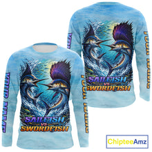 Load image into Gallery viewer, Personalized Sailfish Vs Swordfish Fishing Saltwater Long Sleeve Fishing Shirts NHT419