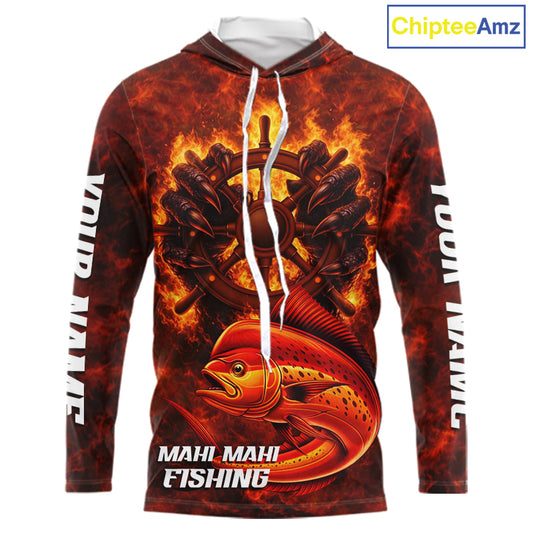 Red Mahi Mahi Fishing Shirts Long Sleeve Hooded, Personalized Men's Fishing Shirt NHT420