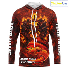 Load image into Gallery viewer, Red Mahi Mahi Fishing Shirts Long Sleeve Hooded, Personalized Men's Fishing Shirt NHT420