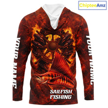 Load image into Gallery viewer, Red Sailfish Fishing Shirts Long Sleeve Hooded, Personalized Men's Fishing Shirt NHT421