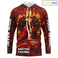 Load image into Gallery viewer, Red Sailfish Fishing Shirts Long Sleeve Hooded, Personalized Men's Fishing Shirt NHT421