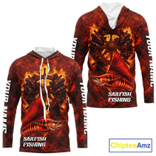 Load image into Gallery viewer, Red Sailfish Fishing Shirts Long Sleeve Hooded, Personalized Men's Fishing Shirt NHT421