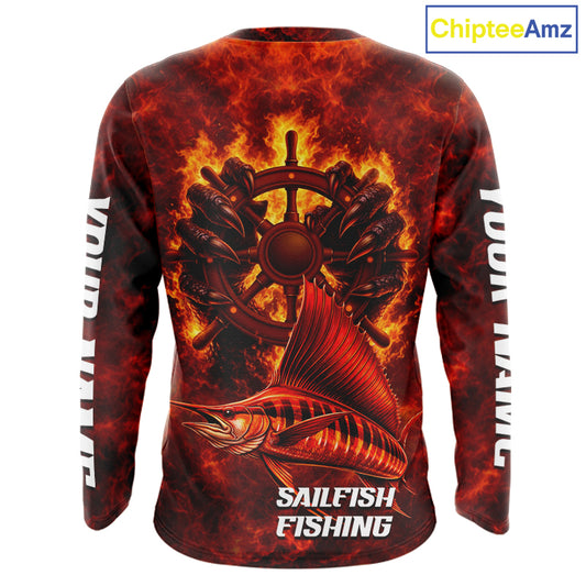 Red Sailfish Fishing Shirts Long Sleeve, Personalized Men's Fishing Shirt NHT421