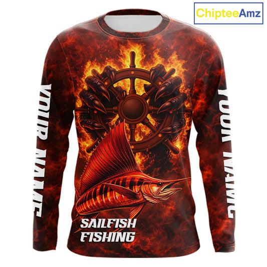Red Sailfish Fishing Shirts Long Sleeve, Personalized Men's Fishing Shirt NHT421
